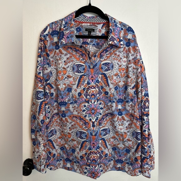 Talbots Tops - Talbots Button Front Shirt Top Orange Blue Pink Floral Long Sleeve  Large #1620